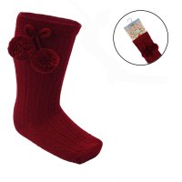 S355-BU: Burgundy Knee Length Socks w/Pom Pom (0-24 Months)